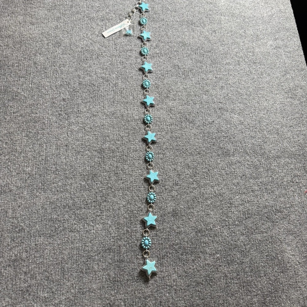 Southern Grace Turquoise Stone Star Concho Chain Belt Silver Tone Western NWT - Picture 2 of 10